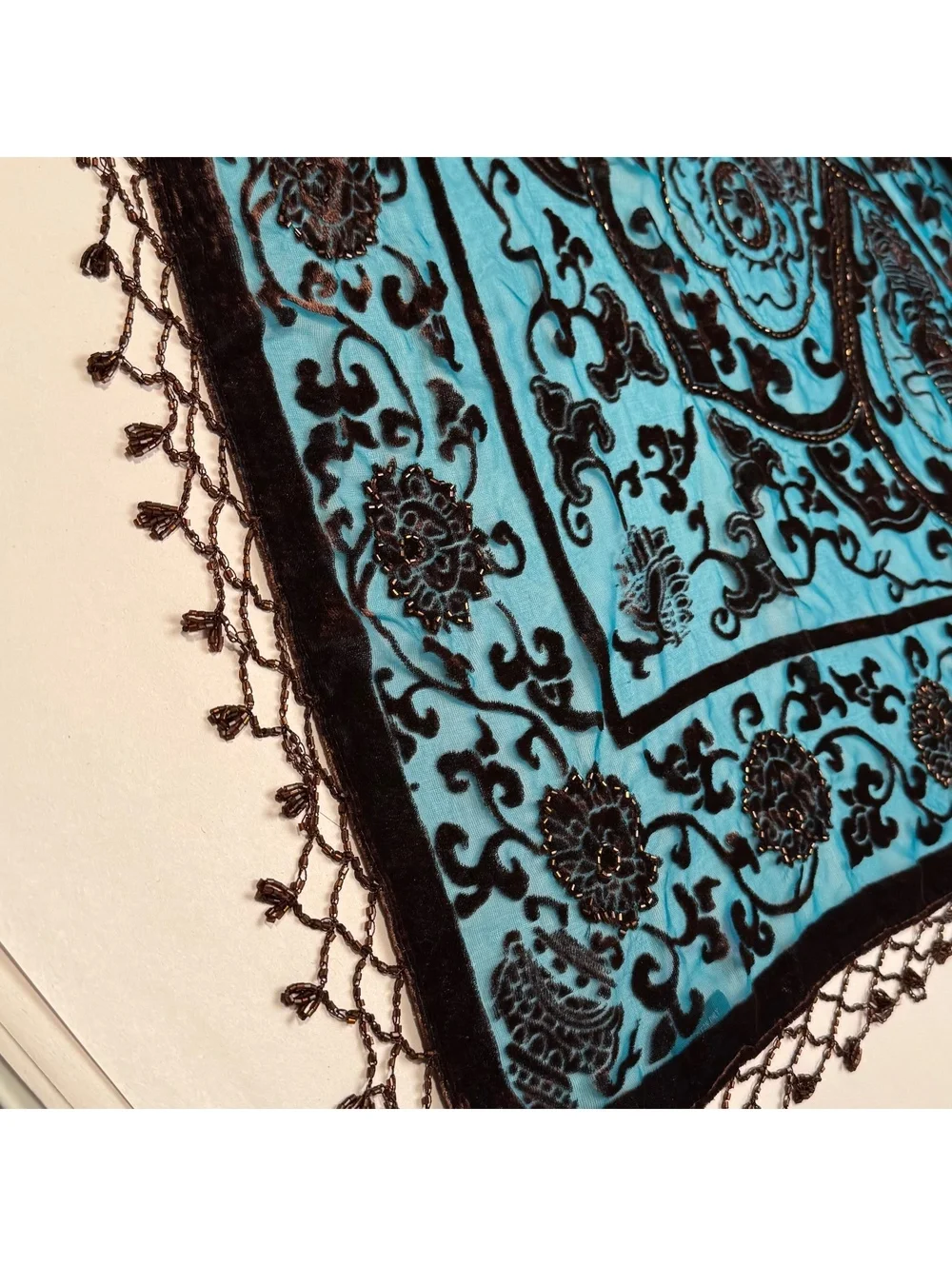 Y2K Whimsigoth Teal Beaded Burnout Velvet Scarf Sheer Devore Hip Scarf Top